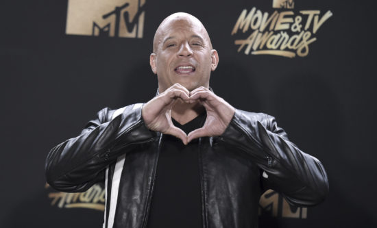 Vin Diesel, winner of the Generation award for "The Fast and the Furious", poses in the press room at the MTV Movie and TV Awards at the Shrine Auditorium on Sunday, May 7, 2017, in Los Angeles. (Photo by Richard Shotwell/Invision/AP)